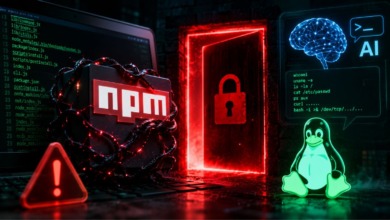 Pacotes npm maliciosos associados a backdoor para Linux e execução de comandos auxiliados por inteligência artificial.